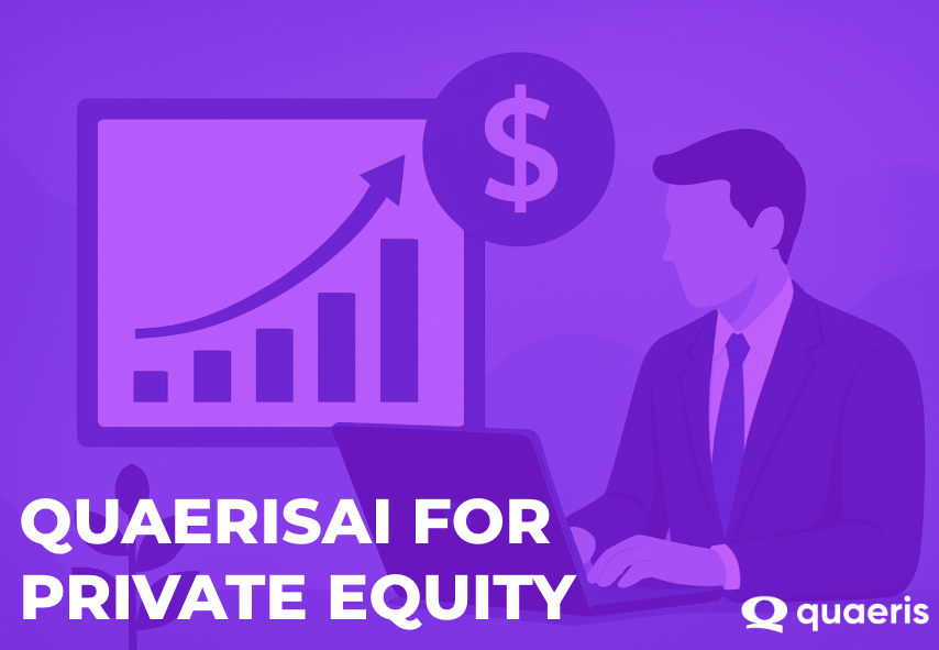 A cartoon man sits at a computer in an office. A chart behind him indicates financial success. The title says "QuaerisAI for Private Equity."