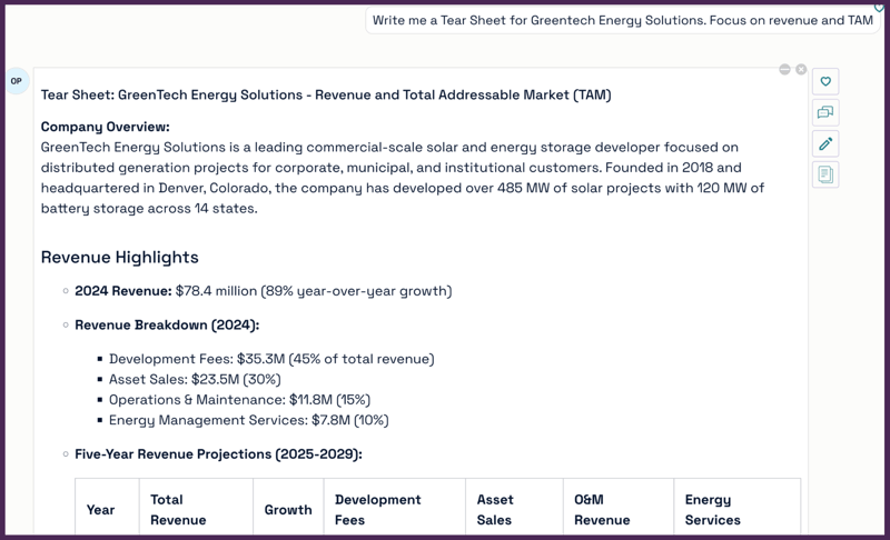 This is a screenshot of the QuaerisAI platform. A user has typed in "Write me a Tear Sheet for Greentech Energy Solutions. focus on revenue and TAM." And QuaerisAI has immediately provided a writeup with tables